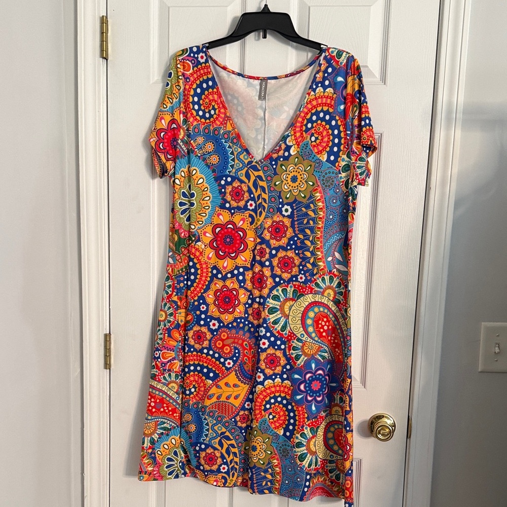 Bright Multicolor V-Neck Paisley Shift Dress
